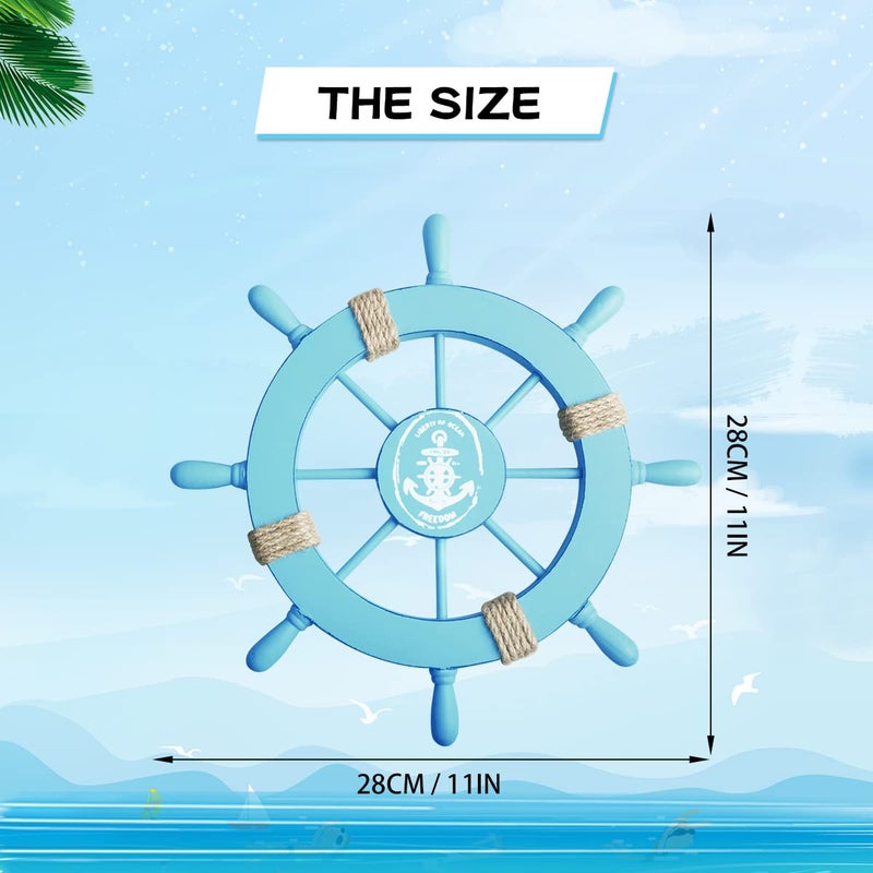 Meching 2 Pack 11" Nautical Wooden Ship Wheel and 13" Wood Anchor with Rope Nautical Boat Steering Wheel Rudder Anchor Wall Decor Door Hanging Ornament Beach Theme Home Wall Decoration(Light Blue) - Image 2